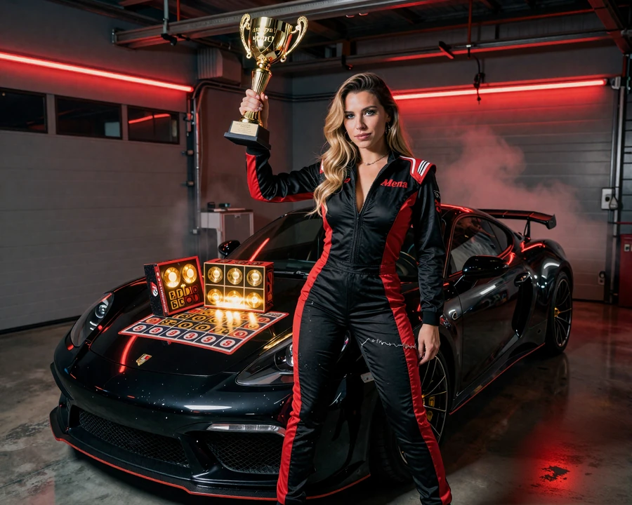 Racing-Model mit Troph&auml;e und Jackpot-Box als Symbol f&uuml;r den 1Go Casino Bonus 2026