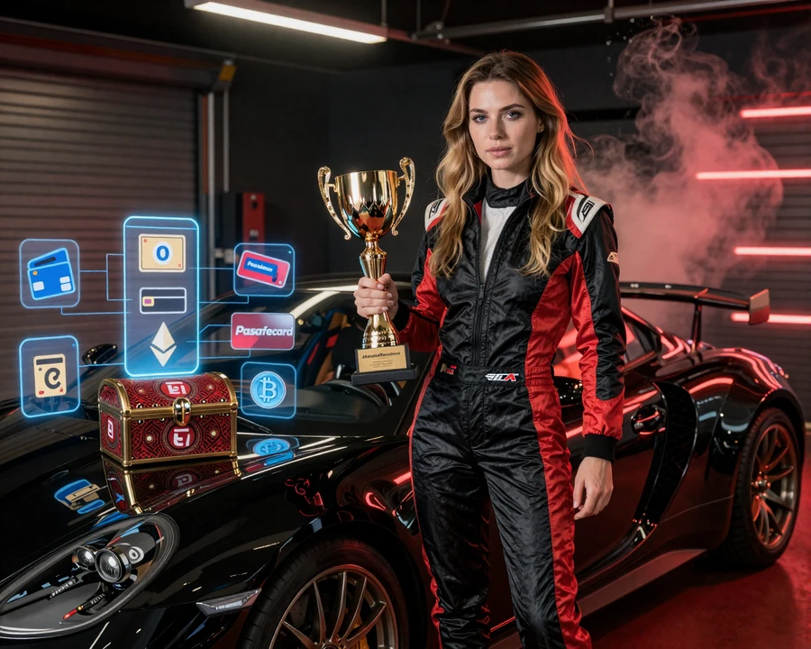 Glamour&ouml;se Racing-Garage mit Zahlungs-Troph&auml;e f&uuml;r 1Go Casino Zahlungsmethoden