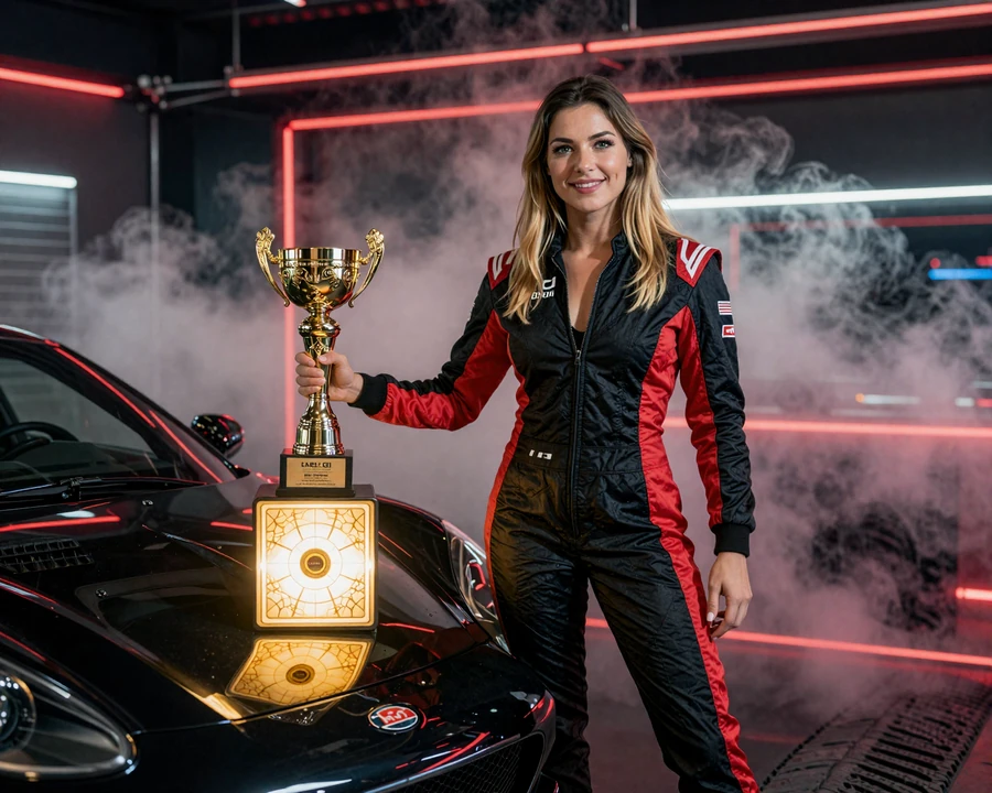 Glamour&ouml;se Racing-Model-Szene mit Troph&auml;e und Bonusbox f&uuml;r 1Go Casino Deutschland